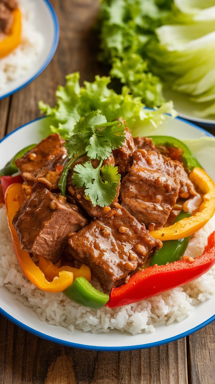 A delicious plate of Bò Lúc Lắc with beef, bell peppers, and rice on a rustic wooden table.